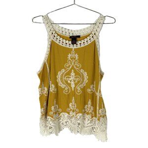 Its Pink Mustard Yellow Lace Embroidered Crochet Halter Tank Top L